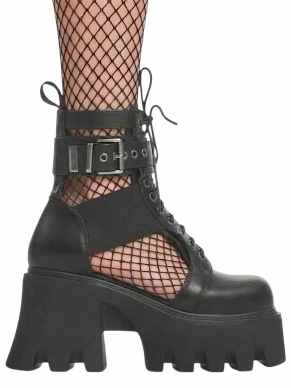 LAMODA Busy Chunky Platform Ankle combat Boots Black Cutout Goth Cybercore NWOT